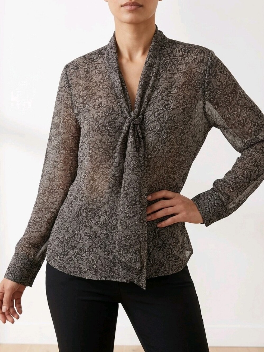 Tie-Neck Long Sleeve Floral Blouse - Black/Taupe